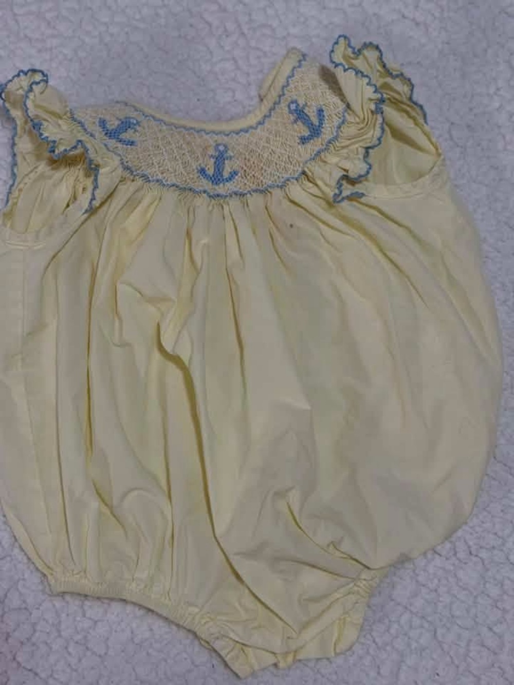 Smocked Baby Bubble Romper in Pale Yellow with Blue Anchor Trim